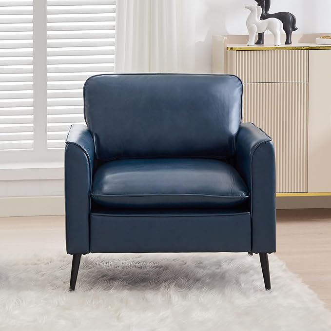 TYBOATLE Leather Accent Chair, Mid-Century Modern Comfy Living Room Chairs, Cozy Office Reading Chair, Reception Armchairs for Bedroom, Office, Waiting Room (Blue)