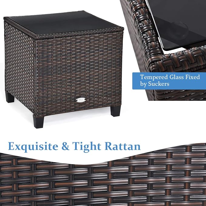 COSTWAY 3PCS Patio Furniture Set, PE Rattan Wicker Sofa w/Washable Cushion and Coffee Table, Tempered Glass Tabletop, Outdoor Conversation Set for Balcony, Porch, Yard, Backyard, Lawn, Turquoise
