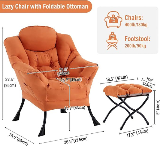 Furlide Lazy Chair with Ottoman, Modern Accent Chair with Armrests and a Side Pocket, Orange Accent Chairs, Reading Chairs, Oversized Armchairs for Bedroom, Study, Living Room, Courtyard