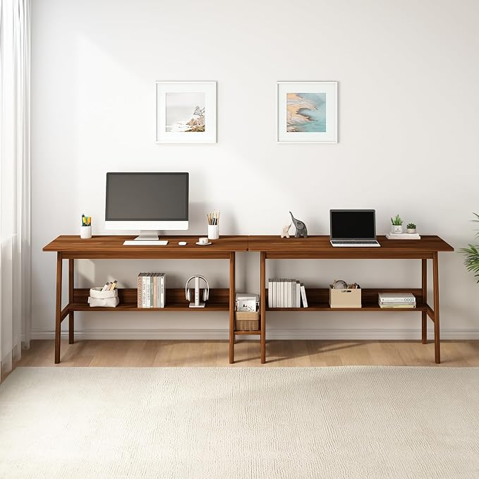 NELYE 2-Person Writing Desk with Bookshelf - 79" Wooden Extra Long Home Office Work Table, Double Study Computer Workstation with Storage Shelves in Walnut, 79" W x 24" D