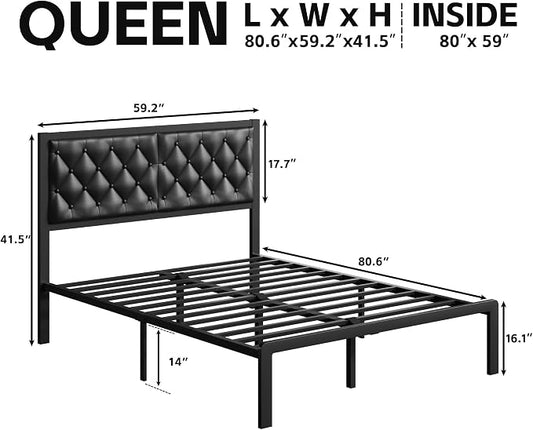 Fluest Queen Bed Frame with Headboard PU Leather Upholstered Bed Frame Platform,All Metal Slats Support Platform Bed Frame with Storage Space,Easy Assembly,Noise Free,No Box Spring Needed,Black
