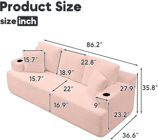 86.2'' Boneless Sofa Couch with Cup Holders & Side Pockets, Modern Corduroy Fabric Upholstered 3-seat Couch with 2 Throw Pillows for Living Room, Office, No Assembly (Pink)
