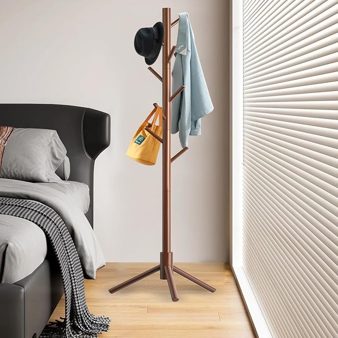 Aliphon Wooden Coat Rack Stand, Freestanding Coat Rack with 8 Hooks, 3 Adjustable Size Coat Tree for Hats, Coats, Scarves bags, Coat Hanger Stand Used in Bedroom/Office/Entryway (Brown)