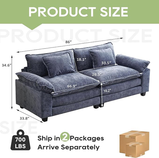 Oprisen 86" Modular Sectional Sofa, Comfy Cloud Couch Sectional Sofa, Chenille Sofa Sleeper Deep Seat Sofa with Throw Pillows for Living Room (Blue, 86"- Loveseat)
