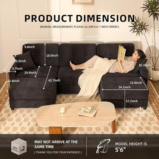 112" U Shaped Modular Cloud Sectional Couch, Waffle Fabric, Black | Modular Deep Seat Sofa, Movable Ottoman, Pocket Spring Cushions, 2-Box Delivery, Living Room Lounge Use, Not Boneless