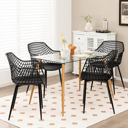 Giantex Modern Dining Chairs Set of 4 - Black Arm Chair with 15" High Backrest, Powder-Coated Metal Legs, Anti-Slip Foot Pads, Max Load 265 lbs, Kitchen Dining Room
