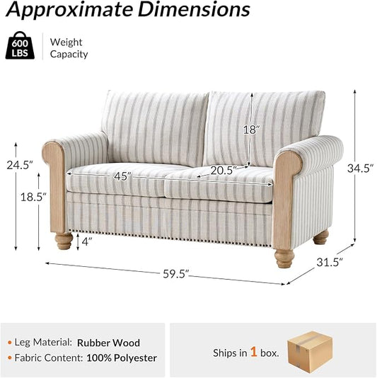 Farmhouse Loveseat with Rolled Arms,Stripe Modern Sofa with Brushed Wood Gourd Feet & Copper Nailhead Trim, Linen Fabric Upholstered Couches for Living Room