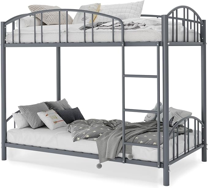 GarveeHome Metal Bunk Bed Twin Over Twin, Heavy Duty Bunkbeds Frame with Arched Guardrail and Safety Ladder, Sturdy Steel Bed for Kids Boys Girls, Space-Saving, No Box Spring Needed, Gray