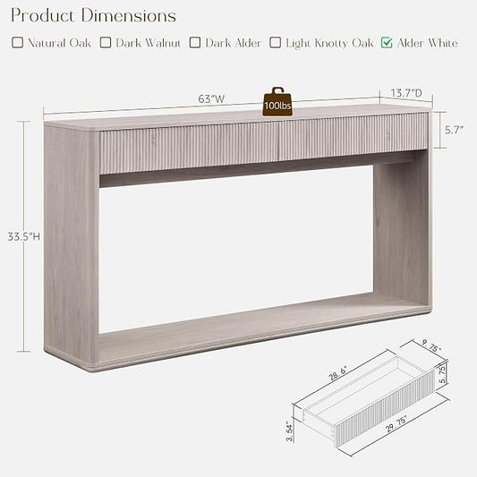 OKD 63" Fluted Console Table for Entryway, Modern Entryway Table with 2 Large Drawers, Long Sofa Table Behind Couch for Living Room, Hallway, Couch, Foyer,Alder White