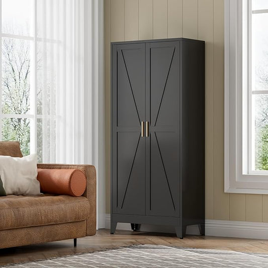 COFaR Black Farmhouse Storage Kitchen Pantry Cabinet with 2 Barn Door, 4 Adjustable Shelves and Legs, for Cupboard/Dining Room/Bathroom/Living Room/Office/Laundry Room (Black, 71" Farmhouse)