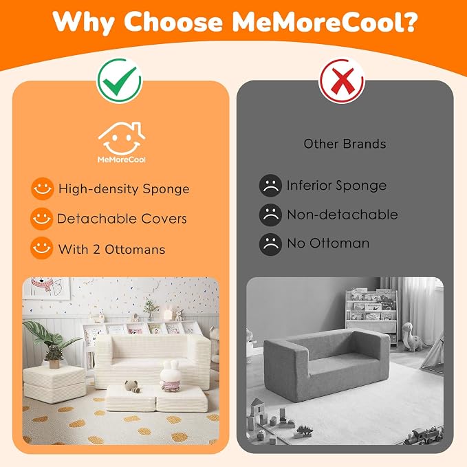 MeMoreCool Modular Kids Couch, Corduroy Play Toddler Couch for Bedroom Playroom Furniture, Convertible Foam Kids Sofa Bed, Fold Out Baby Sofa for Girl Boy, Beige