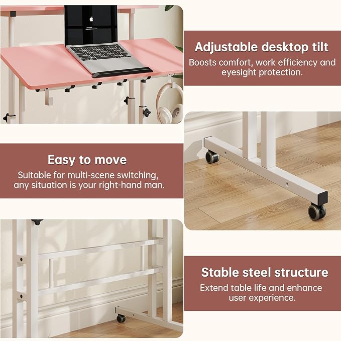 SIDUCAL Mobile Stand Up Desk with USB Ports and Outlets, Adjustable Laptop Desk on Wheels, Home Office Workstation, Rolling Laptop Cart for Standing or Sitting, 31.5" x 23.6"Pink