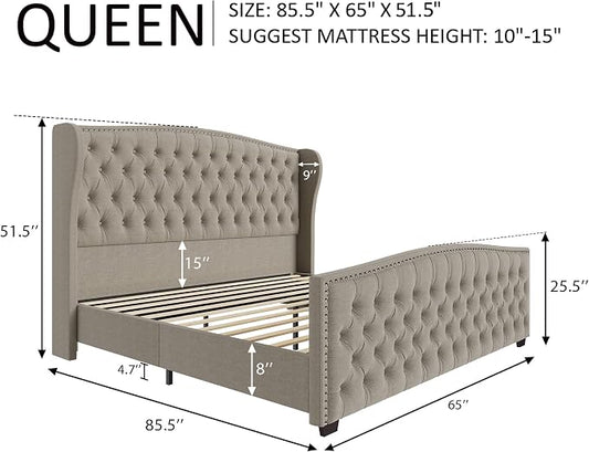 AMERLIFE Queen Size Platform Bed Frame, Linen Upholstered Bed with Deep Button Tufted & Nailhead Trim Wingback Headboard/No Box Spring Needed/Beige