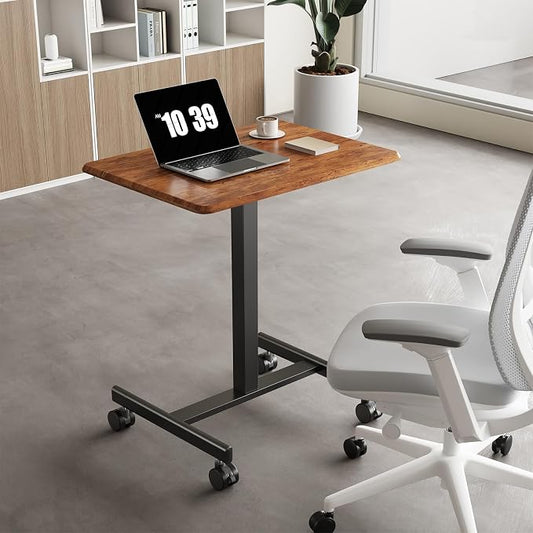 OLIXIS Mobile Rolling Desk with Wheels Small Standing Laptop Desks Portable Pneumatic Adjustable Height Sit Stand Table Computer Workstation for Home Office Rustic Brown
