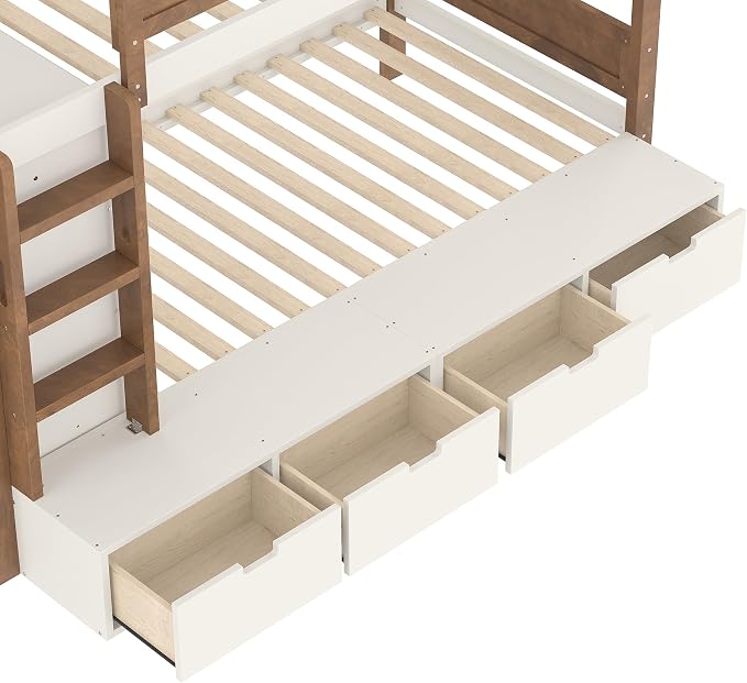 Bellemave Twin Over Twin Bunk Bed with Storage Drawers,Solid Wood Bunk Bed with Built-in Wardrobe,Storage Shelf and Safety Guardrails for Kids Girls Boys,Beige & Natural