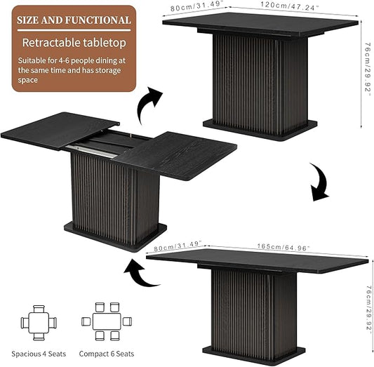 Extendable Black Kitchen Dining Table for 4-6, 47-65 Inch Rectangle Dining Room Table with 2 Doors, Large Storage, Wood Fluted Mid Century Modern Furniture for Dinner, Living Room, Space Saving