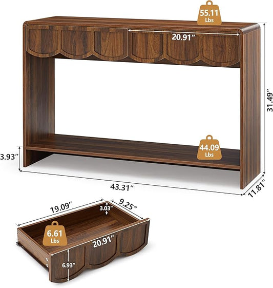 ORRD Console Table with Drawers, Mid-Century 43 Inches Narrow Entryway Tables with Open Storage Shelves, Hallway Accent Tables Behind Couch Table for Living Room - Walnut