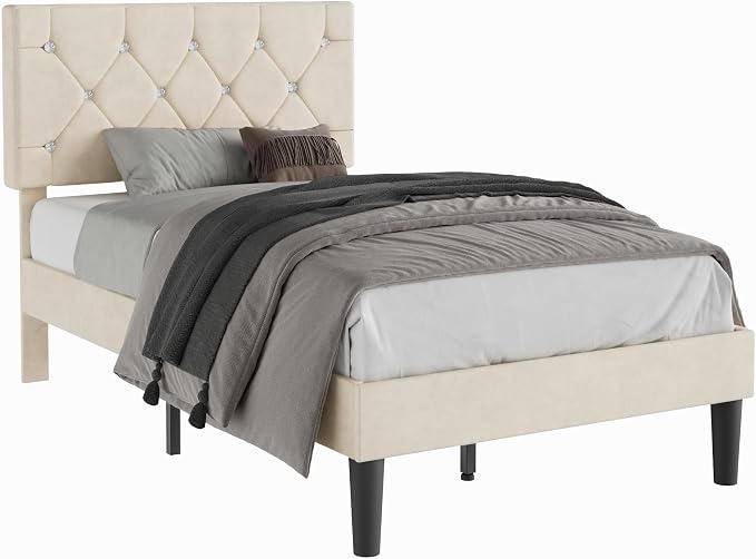 VECELO Twin Size Bed Frame, Upholstered Platform with Adjustable Diamond Tufted Headboard, Wood Slat Support, No Box Spring Needed, Pala Beige