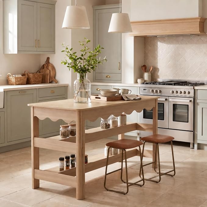 LITTLE TREE 59-Inch Kitchen Island with Seating and Storage, Large Farmhouse Stationary Island Table with Large Worktop, 3-Tier Open Shelves & Leg Room, Light Oak Kitchen Prep Station, Breakfast Bar