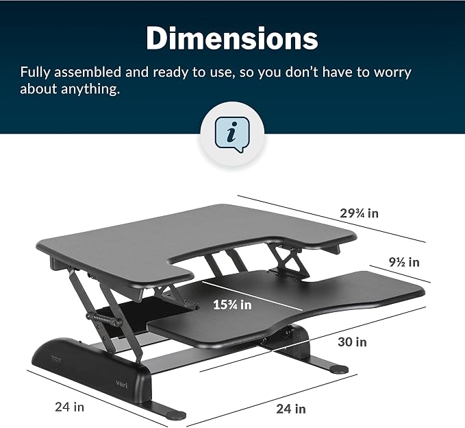 Vari VariDesk Pro Plus 30 Height Adjustable Standing Desk Converter for Home Office - Sit to Stand Desk with 11 Height Settings, Spring-Assisted Lift, and Weighted Base - Fully Assembled, Black