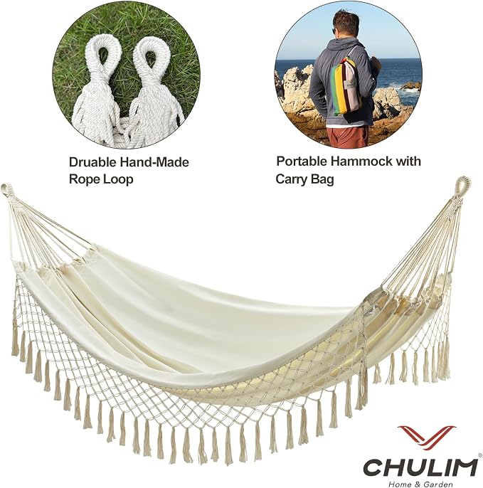 CHULIM Brazilian Double Hammock with Tree Straps,Extra Large 94x63IN,2 Persons Hammock for Backyard Patio Outdoor Indoor,450lbs Weight Capacity,Soft Woven Cotton Fabric - Natrual White with Tassels