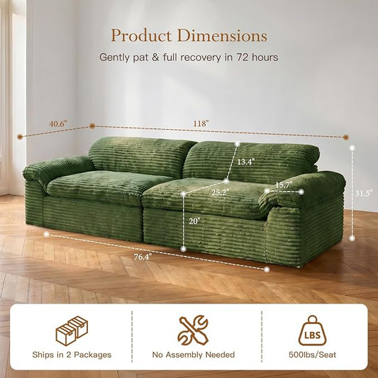Vesgantti 118" Boneless Couches for Living Room, Cloud Sectional Couch & Deep Seat, 3 Seater Comfy Corduroy Modular Sofa, Modern Slouch Couch, No Assembly Required, Green