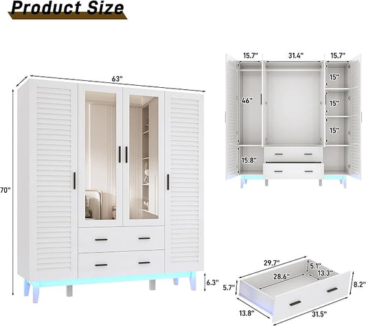 jiteentarou 4 Door Armoire Wardrobe Closet Cabinet with Drawers and LED Lights, Multi-Tier Shelves, Hanging Rod & 4 Louver Doors, Large Capacity Storage Wardrobe Armoire for Bedroom(4 Doors White) | 4 Door