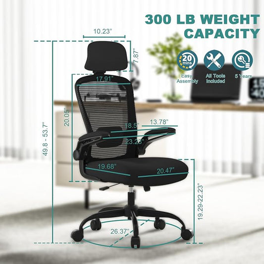 Mimoglad Office Chair, High Back Ergonomic Desk Chair with Adjustable Lumbar Support and Headrest, with flip-up Armrests for Guitar Playing, 5 Years Warranty (Modern, Black(Black Frame))
