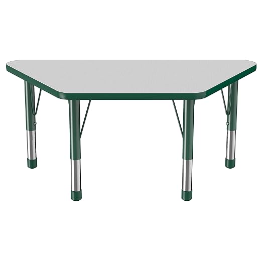 FDP Trapezoid Activity School and Classroom Kids Table (24 x 48 inch), Chunky Toddler Legs for Collaborative Seating Environments, Adjustable Height 15-24 inches - Gray Top and Green Edge