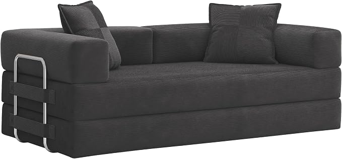 GRUSIGN 78 Inch Convertible Sofa Bed, 5-in-1 Futon Sofa Bed Pull Out Couch, Boneless Couch Bed for Living Room, Corduroy Boneless Couches for Bedroom, Apartment, No Assembly Sleeper Sofa Bed, Gray