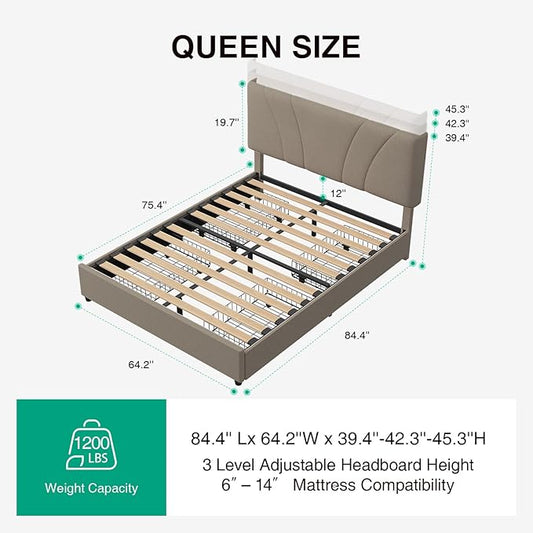 Novilla Queen Bed Frame with Drawers, Queen Bed Frame with Headboard, LED Bed Frame Queen Size, Charging Station and Adjustable Headboard Bed Frame Queen Size, No Box Spring Needed, Beige