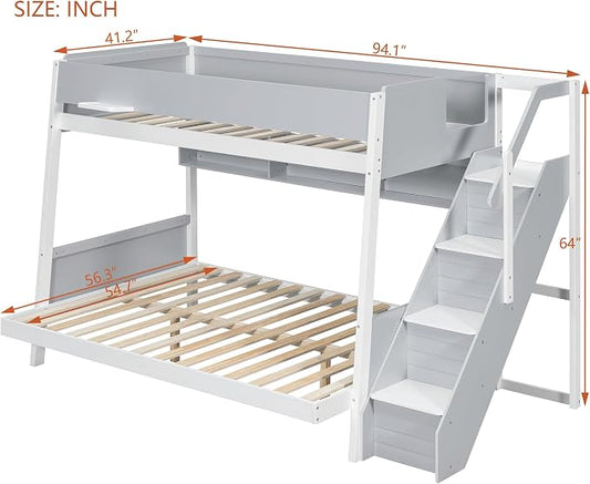 Wood Bunk Bed Twin Over Full with Staircase and Side Shelves | Striped-Design Staircase, Built-In Light Strip, Space-Saving Design, Kids Teens Adults, Versatile Bed Frame