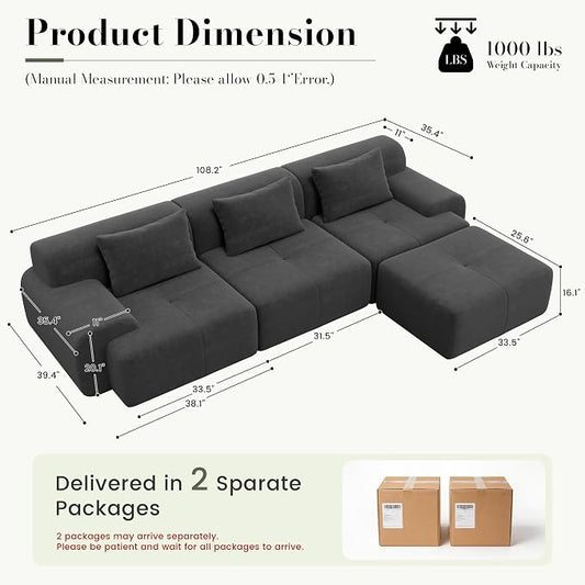GRUSIGN 108'' Modular Sectional Boneless Couch, Tufted Cloud Sectional Couches for Living Room, L Shape Deep Seat Sofa with Ottoman & 3 Throw Pillows,Corduroy Oversized Couch,Dark Grey | Sectional