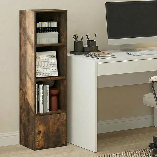 Furinno LUDER Book Shelf, 4-Tier Bookshelf with Open Shelf, Standing Bookcase with 1 Door Cabinet, 9.3 x 12 x 41.8, for Organization and Storage, for Living Room, Bedroom, Home Office, Amber Pine