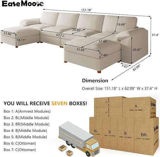 EASE MOOSE Oversized Leather Modular Sectional Sofa,Sectional Couch with Deep Seat,Extra Large U Shaped Couch,Faux Leather Material Sofa Modern Comfy Scratch Resistant,Beige