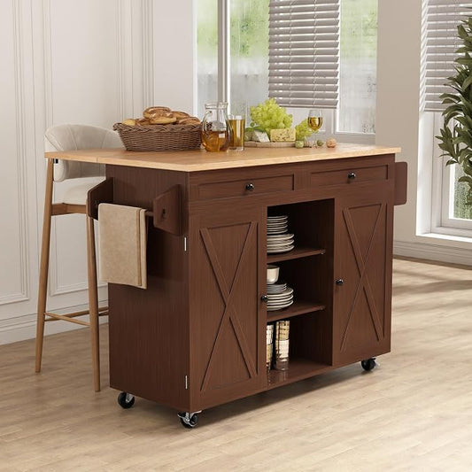 HLR Kitchen Island On Wheels, Brown Rolling Kitchen Island Cart with Solid Wood Drop Leaf Breakfast Bar, Barn Door Kitchen Islands with Storage Cabinet and Tower Rack, Island Table for Kitchen