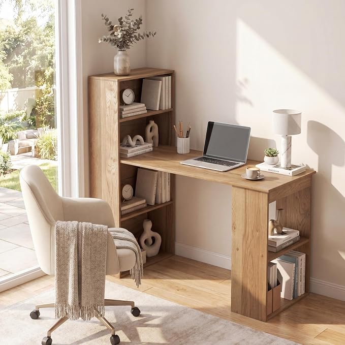 Tangkula Computer Desk with Bookshelf, Writing Study Desk with Storage Shelves & CPU Stand, Modern Compact Computer Workstation for Home & Office, Space-Saving Design(Natural)
