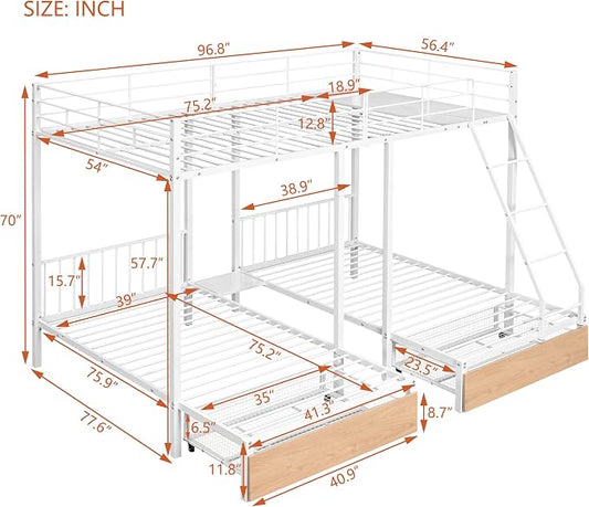 Full Over Twin & Twin Bunk Bed, Heavy Duty Metal Triple Bunk Bed with Drawers and Guardrails, Can be Divided into 3 Separate Beds, Triple Bunk Bed Frame for Kids Teens Aldults (White + Metal)