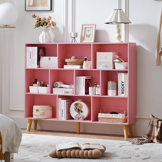 LEYAOYAO 10 Cube Bookshelf, 3 Tier Vintage 55" Wide Bookcase with Legs, Mid-Century Wood Bookshelves Storage, Light Pink Large Book Case, Freestanding Organizer Display Shelf for Living Room, Office