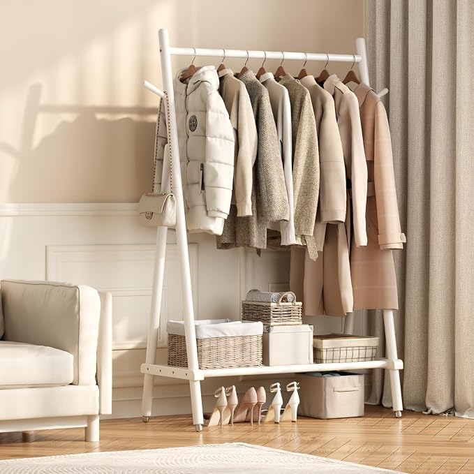 Muwuele Solid Wood Clothes Rack, Clothing Rack for Hanging Clothes, Hanging Racks for Clothes with Shelves Load 350 Lbs Garment Rack (White)