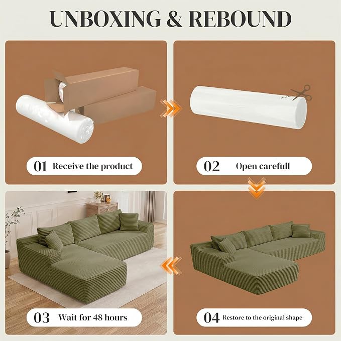 95" L Shaped Cloud Boneless Sectional Couches for Living Room, Modern Comfy Modular Deep Seat Memory Foam Compressed Corduroy Sofa Oversized Left Facing Chaise, No Assembly Required, Green