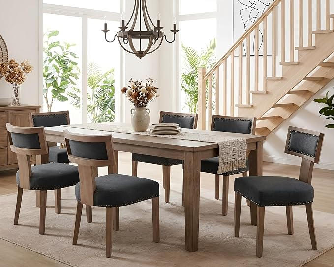 HNY Mid Century Modern Dining Chairs Set of 6, Farmhouse Linen Fabric Upholstered Accent Chairs Curved Nailhead Trim Backrest Kitchen Chairs, with Hardwood Frame, Charcoal