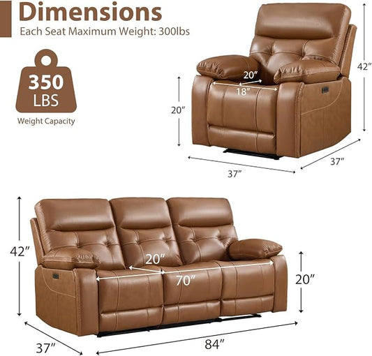 CANMOV Genuine Leather Power Recliner Sofa Set,Power Recliner Chair and Sofa Set, 2 Pieces Leather Couch with Storage Console, USB Ports, Cup Holders for Living Room,Brown