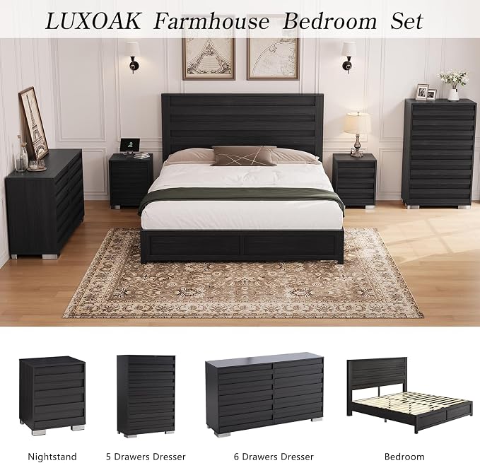 LUXOAK 2 Pcs Bedroom Furniture Sets - Includes 1 X Farmhouse 6 Drawers Dresser, 1X Farmhouse Queen Size Bed Frame with 49" Tall Headboard, Wooden Platform Bed with Hidden Metal Bed Frame, Black