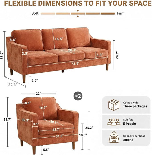 Kingfun Couch Sets for Living Room, 3 Seater Couch and Armchair, Mid Century Modern Sofa Set, Chenille Couch with Solid Wood Frame for Bedroom