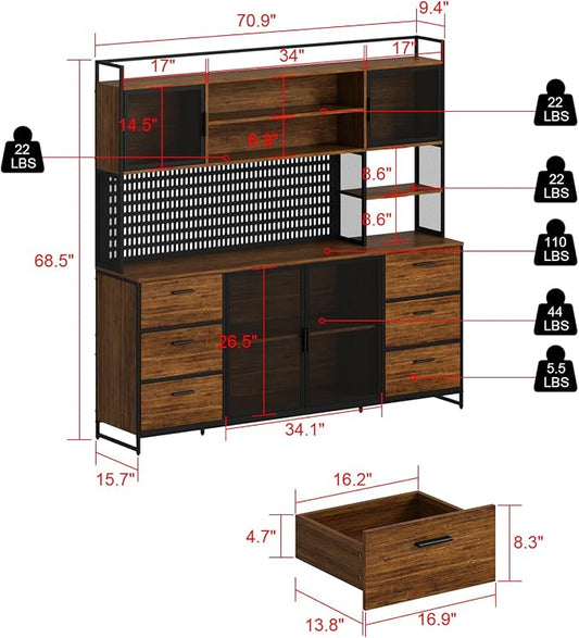 AIEGLE Large Kitchen Hutch Pantry Cabinet, Storage Kitchen Pantry in Metal Frame, Storage Cupboard with Metal Mesh Door, 6 Drawer & Microwave Shelf, for Kitchen Living Room, Brown 70.9" Wide