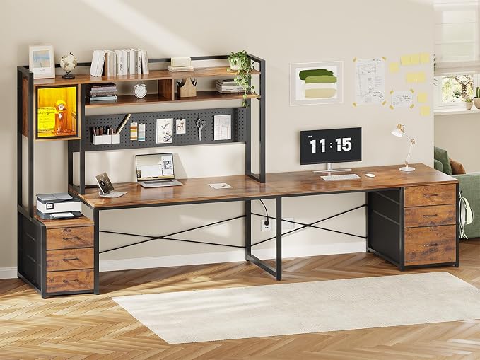 SEDETA L Shaped Gaming Desk with 6 Drawers, Reversible Computer Office Desk with File Drawer, Hutch, Storage Shelves, Gaming Corner Desk with Led Lights, Power Outlet for Two Person, Rustic Brown