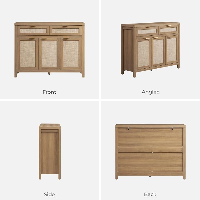 SICOTAS Rattan Sideboard Buffet Cabinet with Storage, Boho Credenza Accent Cabinet with 3 Doors and 2 Drawers, Farmhouse Console Coffee Bar for Kitchen Living Room Entryway, Caramel Oak, 2 PCS