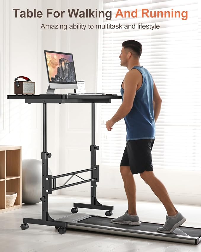 Amztabler Small Standing Desk Adjustable Height, Mobile Stand Up Desk with Wheels, 32 Inch Portable Rolling Desks Conference Room Tablesf for Walking Pad Treadmill Black