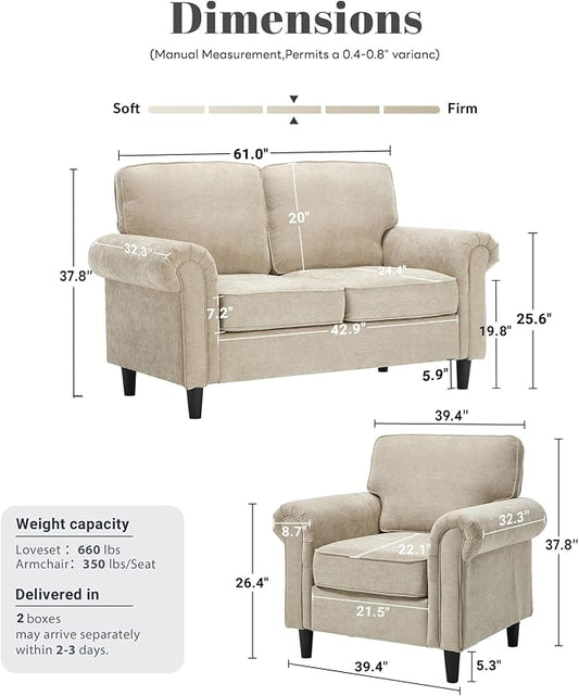 Kingfun Loveseat 2 Seater Couch with Chair, Mid Century Modern Chenille Sofa Set with Rolled Arms and Deep Seats, Fluffy Comfort for Living Room, Apartment, Easy Assembly, Khaki